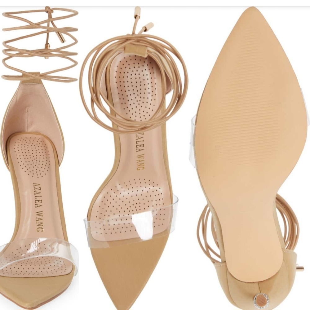 Tan Pointed Toe Heels with Ankle Wrap